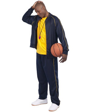 A picture of a basketball player rubbing his head.