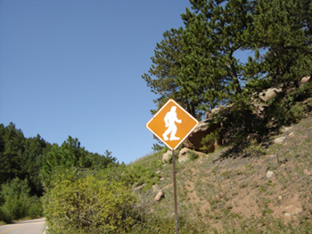 A road sign indicating this area is a big foot crossing area.