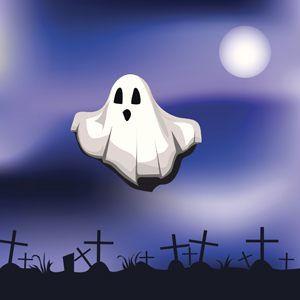 A picture of a ghost flying over a grave yard.